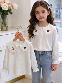 SHEIN Elladie kids 女童白色長袖襯衫，櫻桃刺繡蕾絲領，秋冬服飾，優雅甜美學院風穿搭 - 白色 - 查看 4