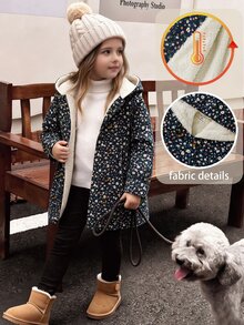 SHEIN 女童小碎花泰迪毛內裡連帽外套，海軍藍秋冬加厚保暖夾克，修身收腰雙排扣西式外套 - 寶藍色 - 查看 3