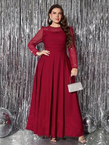 SHEIN Clasi Plus Size Women's Patchwork Rhinestone Mesh Pleated Elegant Dress Fall - Burgundy - View 6