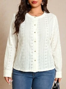 Elaquor Plus Size Autumn Casual Solid Color Textured Front Button T-Shirt Casual Daily Going Out T-Shirt For Women Casual Office Business Work Teacher T-Shirt - Apricot - View 6