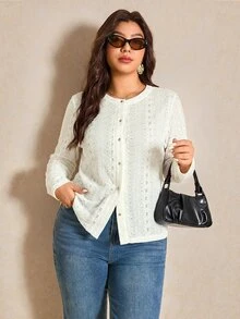 Elaquor Plus Size Autumn Casual Solid Color Textured Front Button T-Shirt Casual Daily Going Out T-Shirt For Women Casual Office Business Work Teacher T-Shirt - Apricot - View 5