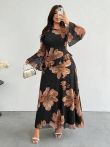Firerie Gaun Elegan Lengan Lonceng Motif Bunga Ukuran Plus untuk Wanita, Gaun Tamu Pernikahan Elegan Musim Gugur/Musim Dingin untuk Wanita, Gaun Bunga Elegan untuk Wanita - MultiWarna - View 1