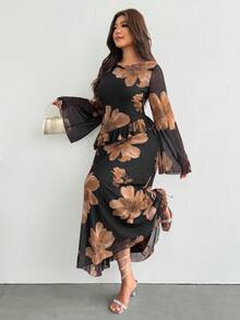 Firerie Gaun Elegan Lengan Lonceng Motif Bunga Ukuran Plus untuk Wanita, Gaun Tamu Pernikahan Elegan Musim Gugur/Musim Dingin untuk Wanita, Gaun Bunga Elegan untuk Wanita - MultiWarna - View 6