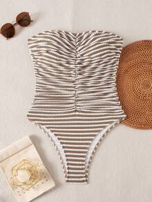 SHEIN Swim Women's Solid Color Ruched Bandeau One-Piece Swimsuit Beach Summer Outfit - Multicolor - View 2