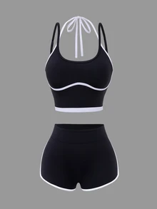 Dewbera Women's Casual Sport Athleisure Tank Top And High Waist Abdominal Control Shorts Set, Black And White With Striped Detail Workout Gym Summer - Black and White - View 7