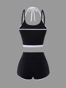 Dewbera Women's Casual Sport Athleisure Tank Top And High Waist Abdominal Control Shorts Set, Black And White With Striped Detail Workout Gym Summer - Black and White - View 5