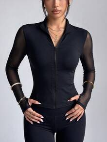 SHEIN Sports 女款運動夾克，附網格拼接設計 - 黑色 - 查看 2
