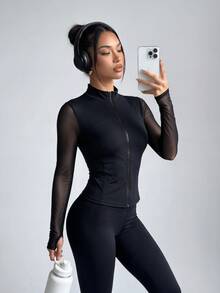 SHEIN Sports 女款運動夾克，附網格拼接設計 - 黑色 - 查看 4