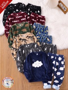 SHEIN 兒童男童毛絨雲朵印花長袖褲，適合秋冬居家穿著 - 藏蓝色 - 查看 5