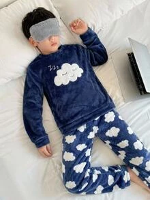 SHEIN 兒童男童毛絨雲朵印花長袖褲，適合秋冬居家穿著 - 藏蓝色 - 查看 2