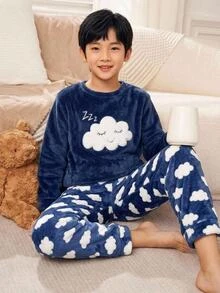 SHEIN 兒童男童毛絨雲朵印花長袖褲，適合秋冬居家穿著 - 藏蓝色 - 查看 9