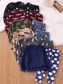 SHEIN 兒童男童毛絨雲朵印花長袖褲，適合秋冬居家穿著 - 藏蓝色 - 查看 6