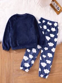 SHEIN 兒童男童毛絨雲朵印花長袖褲，適合秋冬居家穿著 - 藏蓝色 - 查看 3