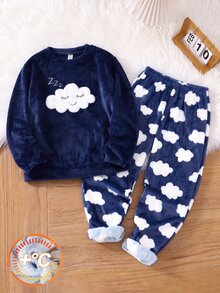 SHEIN 兒童男童毛絨雲朵印花長袖褲，適合秋冬居家穿著 - 藏蓝色 - 查看 4