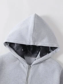 SHEIN 青少年女孩夾克套裝，灰色迷彩，夾克+長褲2件套，寬鬆版型，秋冬保暖，時尚百搭，休閒街頭風，秋季 - 灰色 - 查看 5