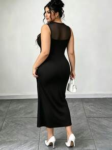 Elenzga Plus Size Mesh Mock Neck Draped Ruched Satin Midi Dress, Sleeveless Slim Elegant Evening Party Dress - Black - View 2