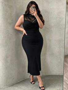 Elenzga Plus Size Mesh Mock Neck Draped Ruched Satin Midi Dress, Sleeveless Slim Elegant Evening Party Dress - Black - View 5