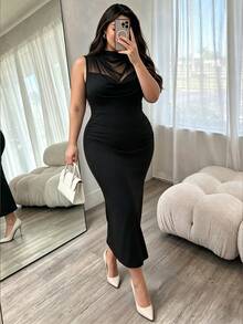 Elenzga Plus Size Mesh Mock Neck Draped Ruched Satin Midi Dress, Sleeveless Slim Elegant Evening Party Dress - Black - View 7