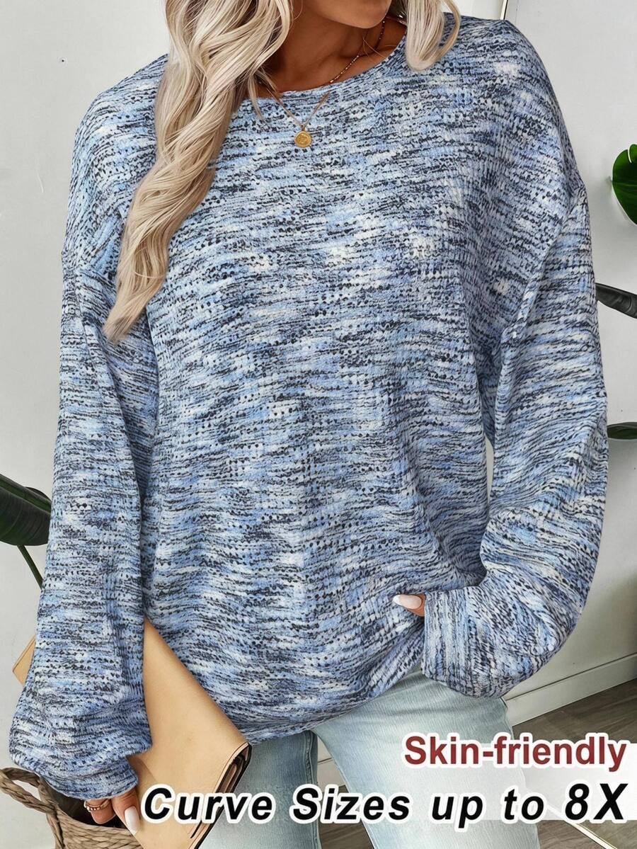 SHEIN CURVE+ Women's Colorful Waffle Knit Pullover Sweatshirt, Autumn,Fall - Multicolor - View 1