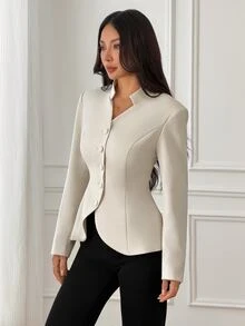 SHEIN PETITE Blazer Putih Elegan dan Minimalis dengan Kerah Tegak Kecil untuk Wanita Bertubuh Mungil - Sempurna untuk Bekerja. - Putih - View 4