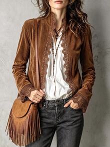Breezaya Jaket Maillard Vintage Kasual Kerah Tegak Patchwork Renda Corduroy Regular Fit, Cardigan Slim Fit dengan Manset Berkerut - Coklat - View 6