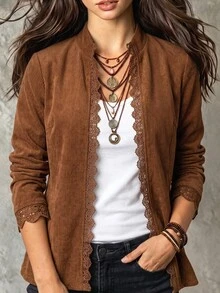 Breezaya Jaket Maillard Vintage Kasual Kerah Tegak Patchwork Renda Corduroy Regular Fit, Cardigan Slim Fit dengan Manset Berkerut - Coklat - View 4