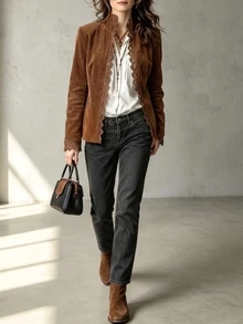 Breezaya Jaket Maillard Vintage Kasual Kerah Tegak Patchwork Renda Corduroy Regular Fit, Cardigan Slim Fit dengan Manset Berkerut - Coklat - View 7