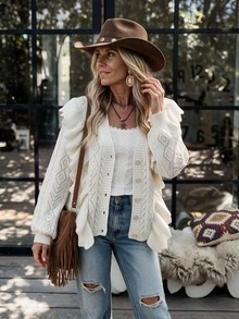 LanaWest Women's Autumn Casual Solid Color Ruffle Trim Cardigan - White - View 5