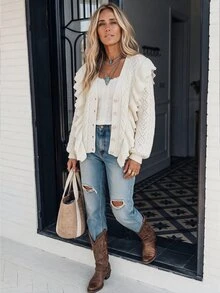 LanaWest Women's Autumn Casual Solid Color Ruffle Trim Cardigan - White - View 6
