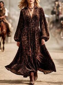 Trelyra Women's V-Neck Leopard Print Casual Party Dress - Brown - View 6