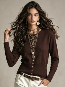 SHEIN Cardigan Rajut Wanita Warna Polos Lengan Panjang Model Drop Shoulder Kancing Tunggal Cocok untuk Acara Thanksgiving, Kantor, Brunch, Warna Cokelat Tua, Musim Gugur, Kasual, Elegan - Coffee Brown - View 3