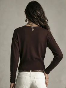 SHEIN Cardigan Rajut Wanita Warna Polos Lengan Panjang Model Drop Shoulder Kancing Tunggal Cocok untuk Acara Thanksgiving, Kantor, Brunch, Warna Cokelat Tua, Musim Gugur, Kasual, Elegan - Coffee Brown - View 2