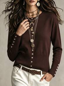 SHEIN Cardigan Rajut Wanita Warna Polos Lengan Panjang Model Drop Shoulder Kancing Tunggal Cocok untuk Acara Thanksgiving, Kantor, Brunch, Warna Cokelat Tua, Musim Gugur, Kasual, Elegan - Coffee Brown - View 1