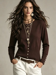 SHEIN Cardigan Rajut Wanita Warna Polos Lengan Panjang Model Drop Shoulder Kancing Tunggal Cocok untuk Acara Thanksgiving, Kantor, Brunch, Warna Cokelat Tua, Musim Gugur, Kasual, Elegan - Coffee Brown - View 6