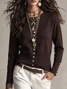 SHEIN Cardigan Rajut Wanita Warna Polos Lengan Panjang Model Drop Shoulder Kancing Tunggal Cocok untuk Acara Thanksgiving, Kantor, Brunch, Warna Cokelat Tua, Musim Gugur, Kasual, Elegan - Coffee Brown - View 5