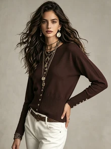 SHEIN Cardigan Rajut Wanita Warna Polos Lengan Panjang Model Drop Shoulder Kancing Tunggal Cocok untuk Acara Thanksgiving, Kantor, Brunch, Warna Cokelat Tua, Musim Gugur, Kasual, Elegan - Coffee Brown - View 4