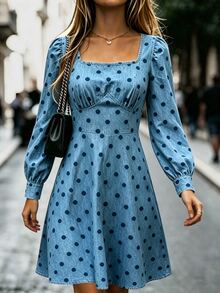SHEIN Women's Street Style Pleated Polka Dot Denim Effect Print Long Sleeve Dress - Blue - View 6