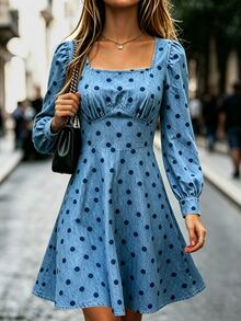 SHEIN Women's Street Style Pleated Polka Dot Denim Effect Print Long Sleeve Dress - Blue - View 5