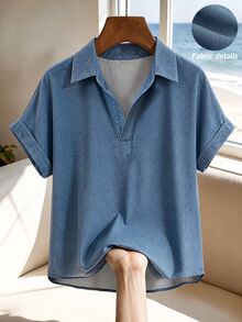 SHEIN Franclia 2026fall/Winter Fashionable Shirt Fashion Lapel Half-Open V-Neck Rolled Hem Short Sleeve Loose Drop Shoulder Soft Pullover Elegant Women's Blouses - Blue - View 6