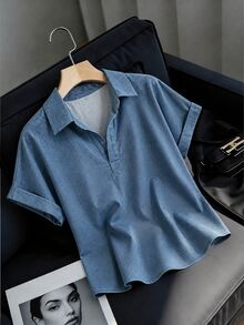 SHEIN Franclia 2026fall/Winter Fashionable Shirt Fashion Lapel Half-Open V-Neck Rolled Hem Short Sleeve Loose Drop Shoulder Soft Pullover Elegant Women's Blouses - Blue - View 1