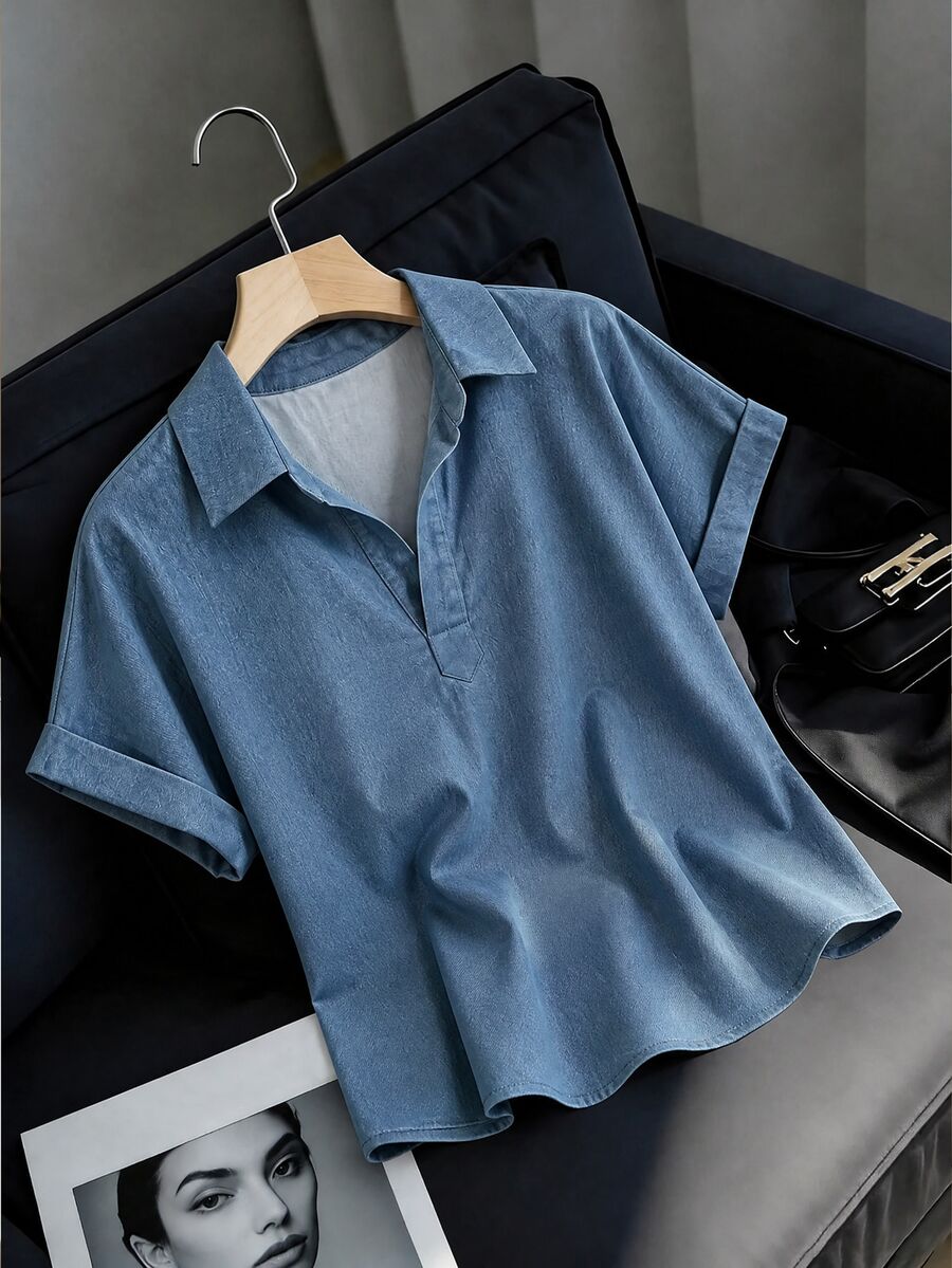 SHEIN Franclia 2026fall/Winter Fashionable Shirt Fashion Lapel Half-Open V-Neck Rolled Hem Short Sleeve Loose Drop Shoulder Soft Pullover Elegant Women's Blouses - Blue - View 1