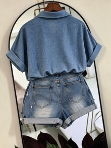 SHEIN Franclia 2026fall/Winter Fashionable Shirt Fashion Lapel Half-Open V-Neck Rolled Hem Short Sleeve Loose Drop Shoulder Soft Pullover Elegant Women's Blouses - Blue - View 2