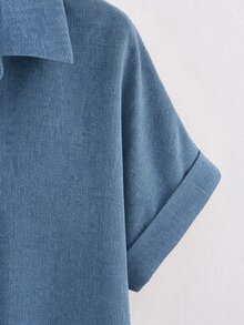 SHEIN Franclia 2026fall/Winter Fashionable Shirt Fashion Lapel Half-Open V-Neck Rolled Hem Short Sleeve Loose Drop Shoulder Soft Pullover Elegant Women's Blouses - Blue - View 5