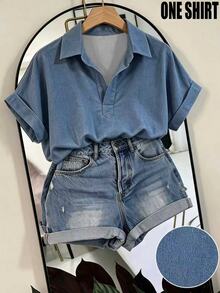 SHEIN Franclia 2026fall/Winter Fashionable Shirt Fashion Lapel Half-Open V-Neck Rolled Hem Short Sleeve Loose Drop Shoulder Soft Pullover Elegant Women's Blouses - Blue - View 3