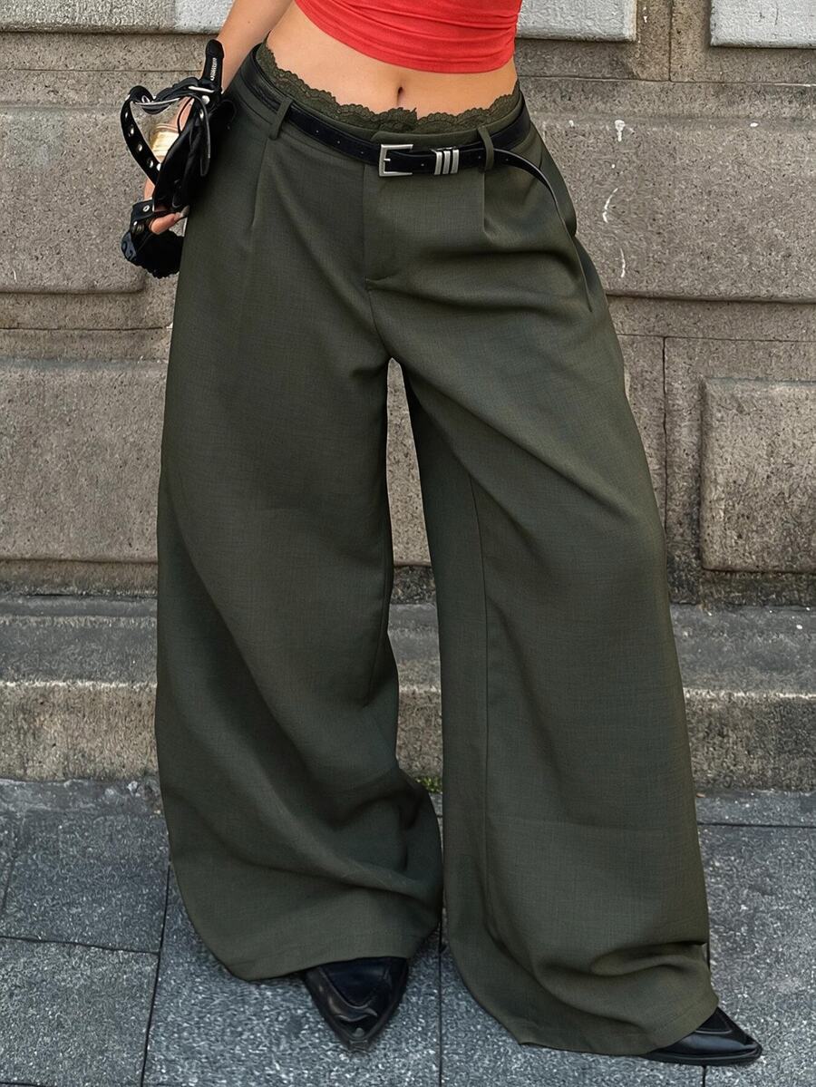 Coolane 女款夏季休閒街頭風深橄欖綠寬鬆大廓形寬腿聚酯纖維長褲,低腰慵懶版型,日常穿著 - 軍綠色 - 查看 1