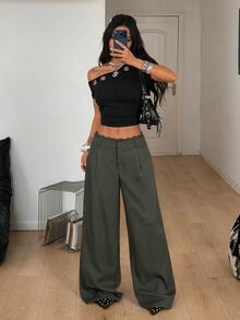 Coolane 女款夏季休閒街頭風深橄欖綠寬鬆大廓形寬腿聚酯纖維長褲，低腰慵懶版型，日常穿著 - 軍綠色 - 查看 7