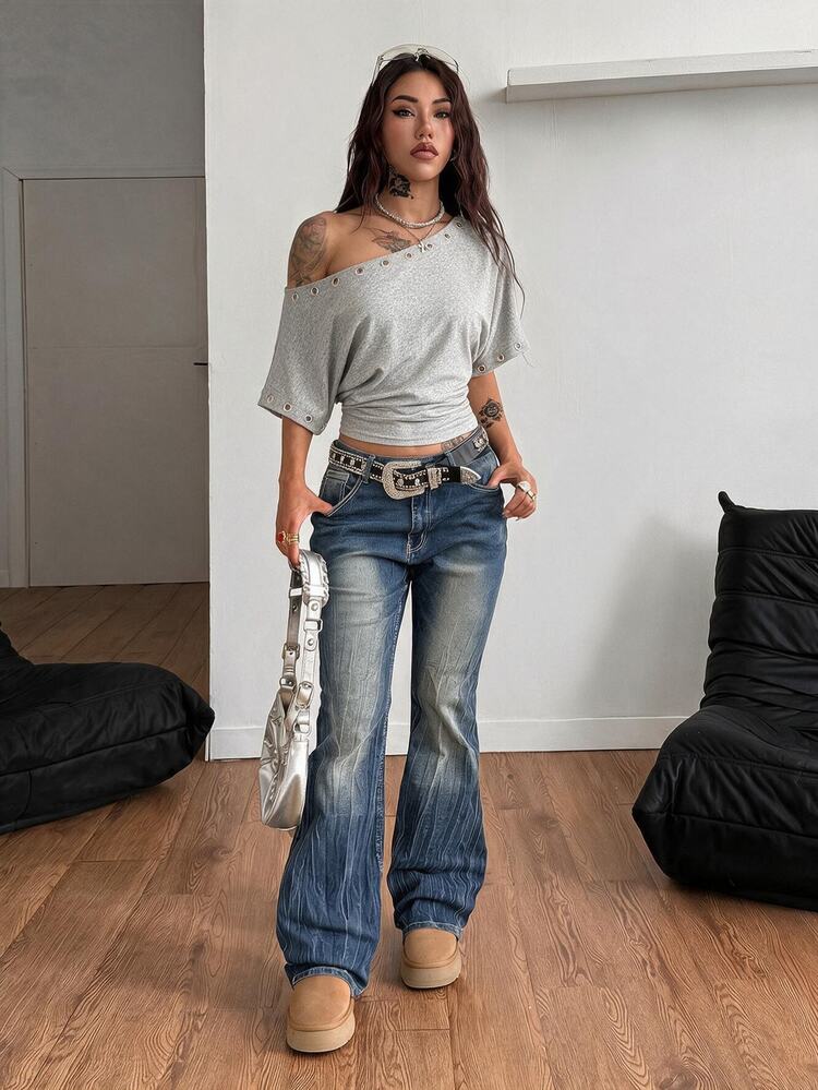 Coolane Women's Summer All-Season Basic Streetwear Chic Going Out Y2k Grommet Eyelet Grey Fitted T-Shirt Short Sleeve Summer Outfits For Women Grey Tops - Grey - View 2