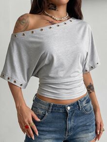 Coolane Women's Summer All-Season Basic Streetwear Chic Going Out Y2k Grommet Eyelet Grey Fitted T-Shirt Short Sleeve Summer Outfits For Women Grey Tops - Grey - View 5