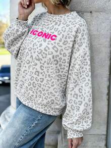 SHEIN LUNE Women's Leopard Print Letter Graphic Long Sleeve Sweatshirt, Vacation Vibe Streetwear - White - View 2