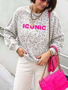 SHEIN LUNE Women's Leopard Print Letter Graphic Long Sleeve Sweatshirt, Vacation Vibe Streetwear - White - View 5